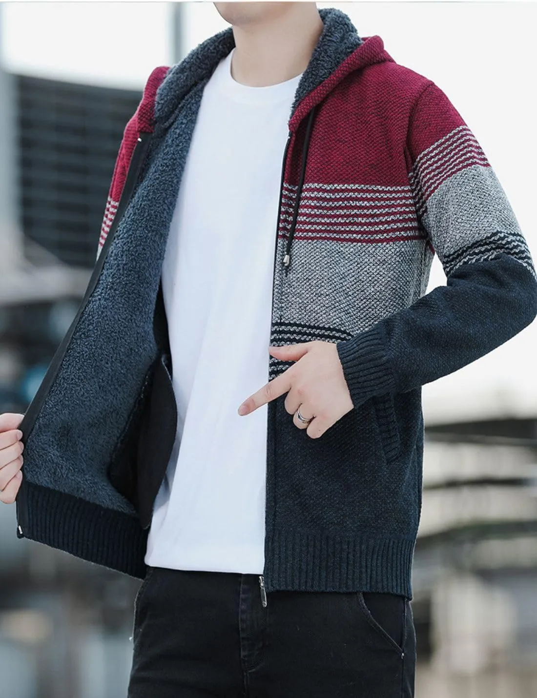 Kinkia Men's Zip Up Hoodies Casual Long Sleeve Full Zipper Sherpa Fleece Lined Knit Cardigan Sweater Jacket with Pockets