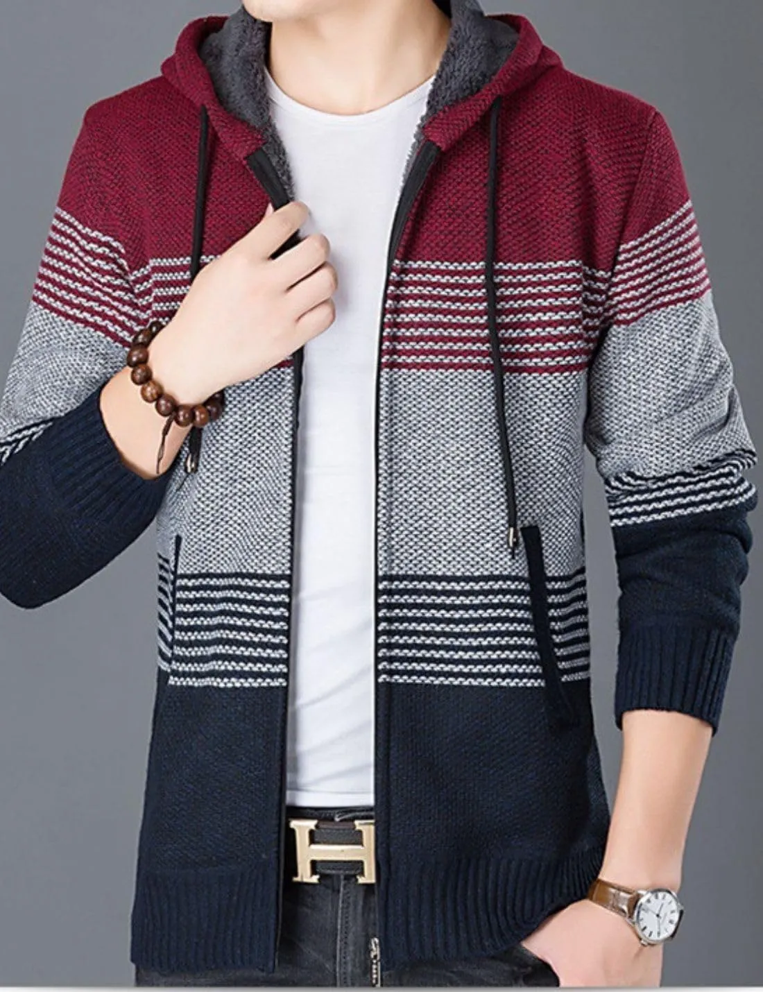 Kinkia Men's Zip Up Hoodies Casual Long Sleeve Full Zipper Sherpa Fleece Lined Knit Cardigan Sweater Jacket with Pockets