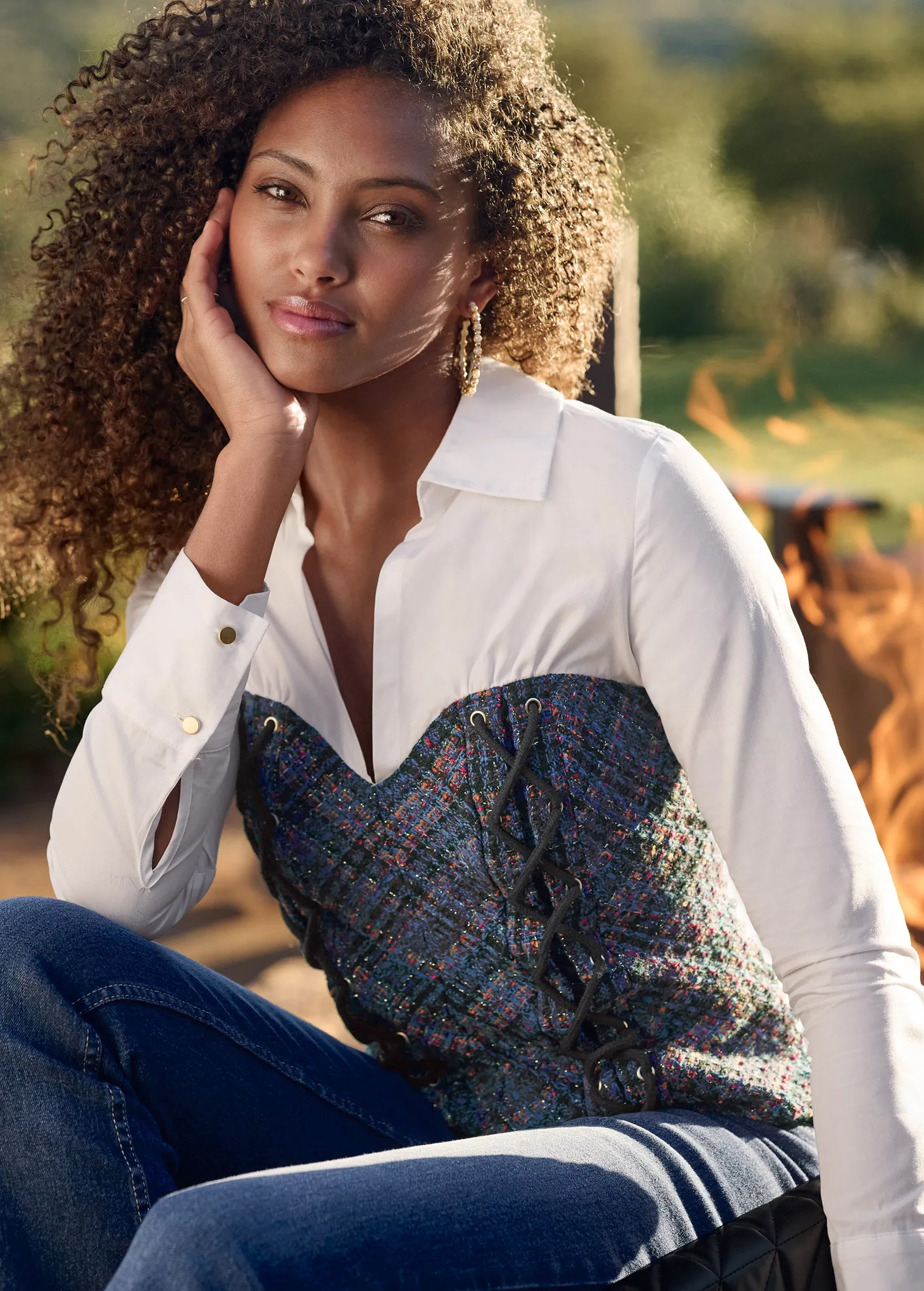Layered Tweed Bustier Top  - Navy Multi