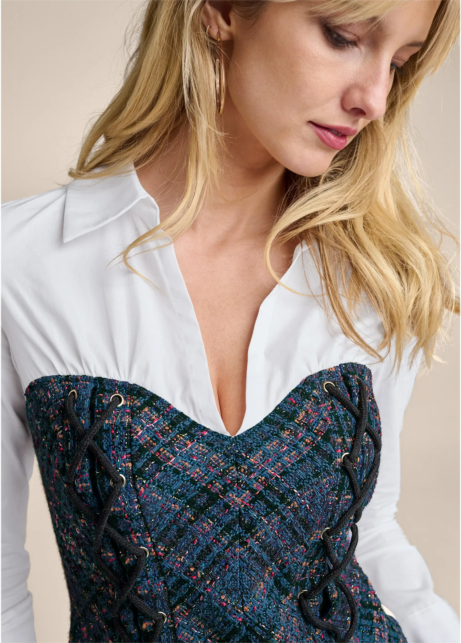 Layered Tweed Bustier Top  - Navy Multi