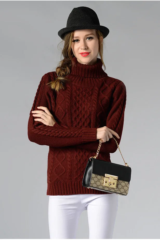 Long Sleeves Pure Color High Neck Diamond Sweater