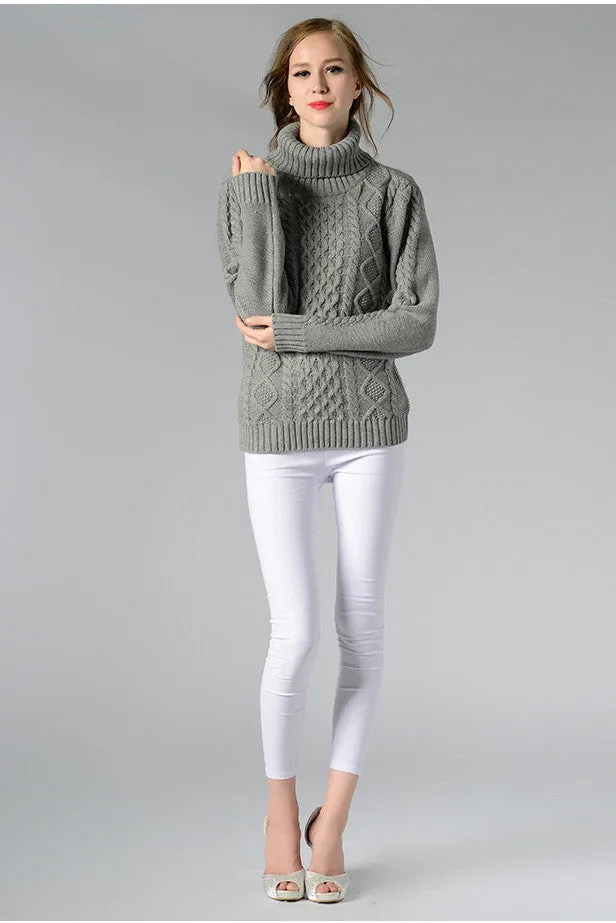 Long Sleeves Pure Color High Neck Diamond Sweater