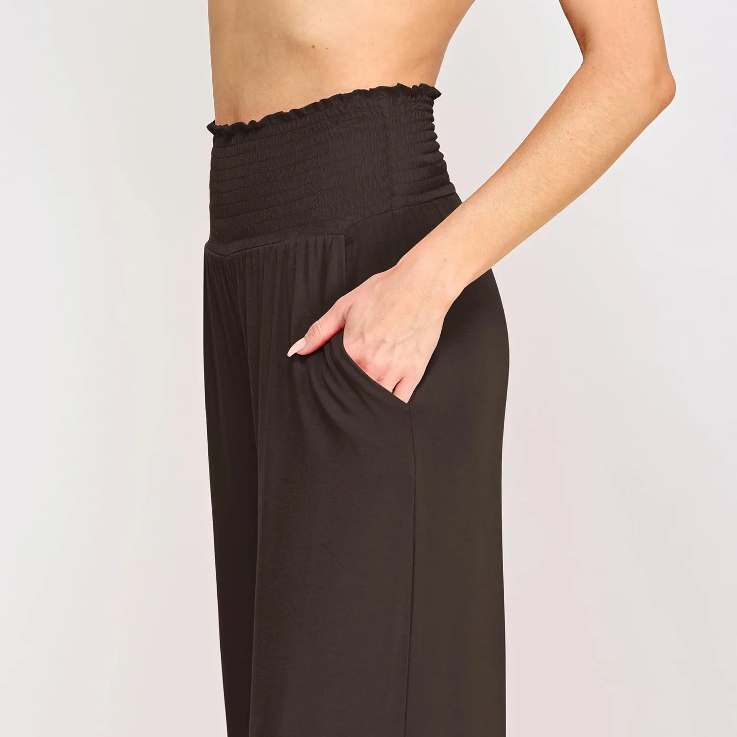 Made By Johnny Women's Elastic High Waisted Palazzo Pants Casual Wide Leg Long Lounge Pant Trousers with Pocket