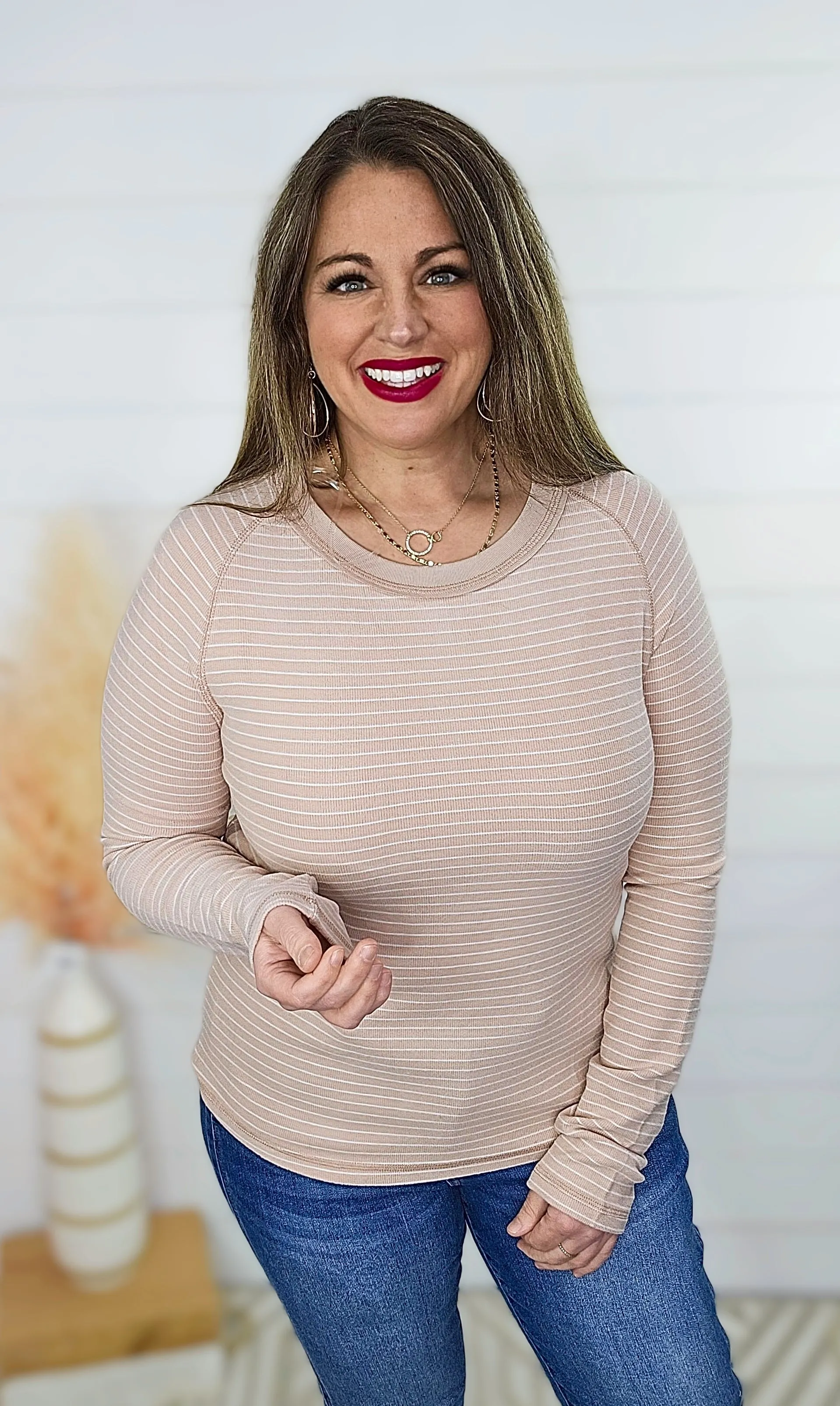 MAUVE/WHTIE KNIT STRIPED SOFT TOP