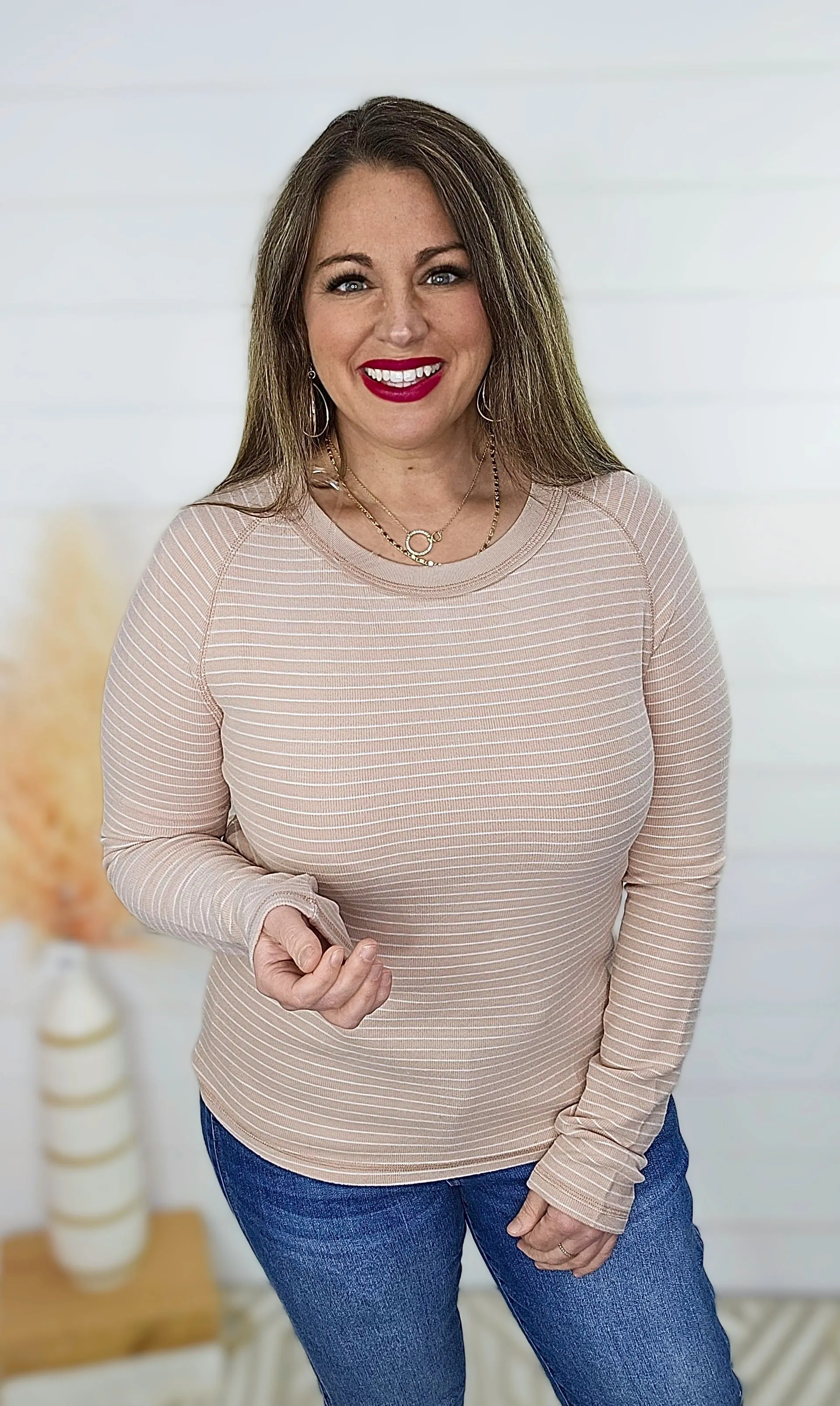 MAUVE/WHTIE KNIT STRIPED SOFT TOP