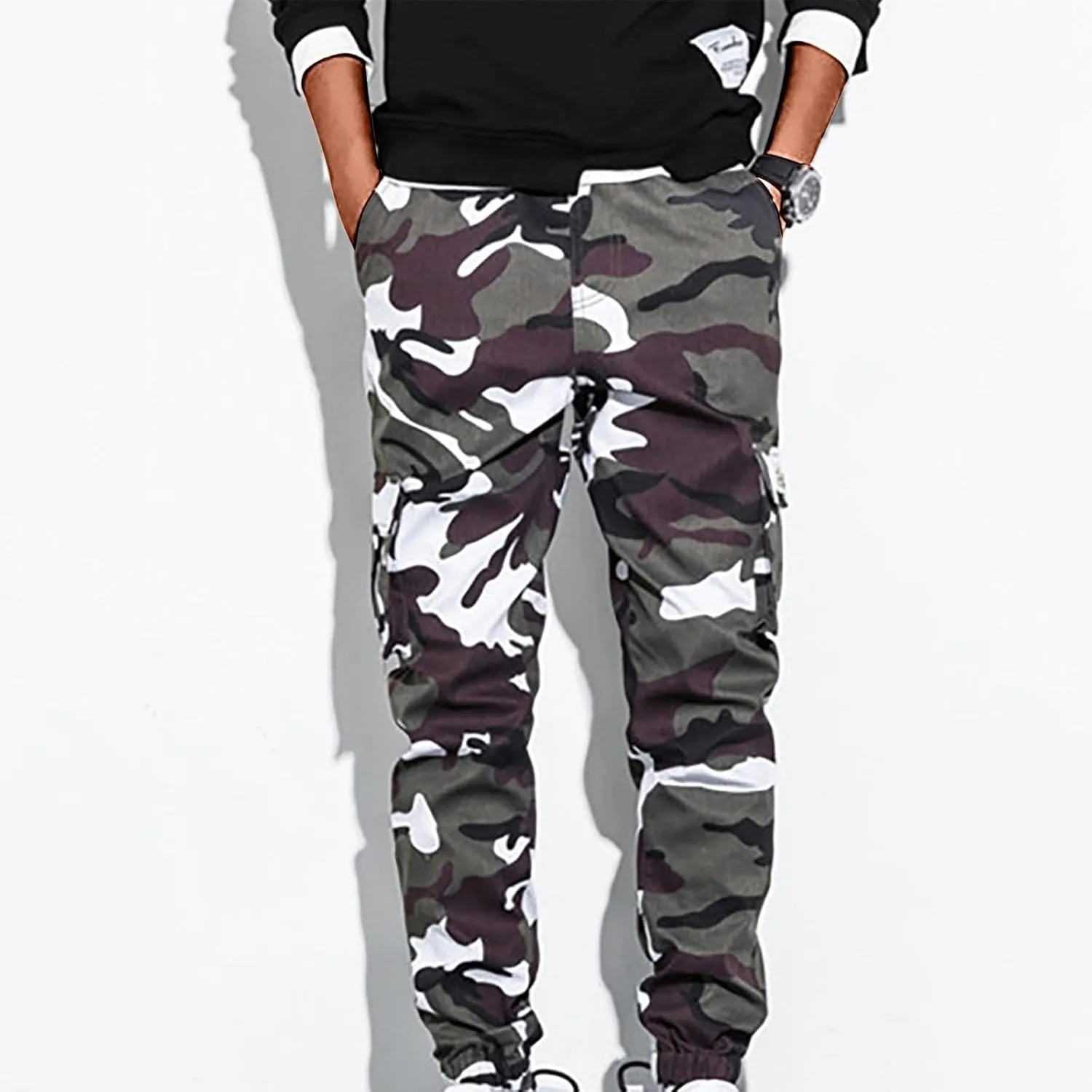 Men's Cargo Pants Slim Fit Army Military Camo Pants Flex Stretch Work Hiking Pants Casual Workout Joggers with Pocket