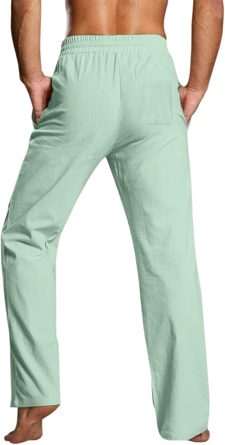Mens Linen Beach Pants Lightweight Trousers Big and Tall Casual Lounge Drawstring Solid Color Pants with Pockets