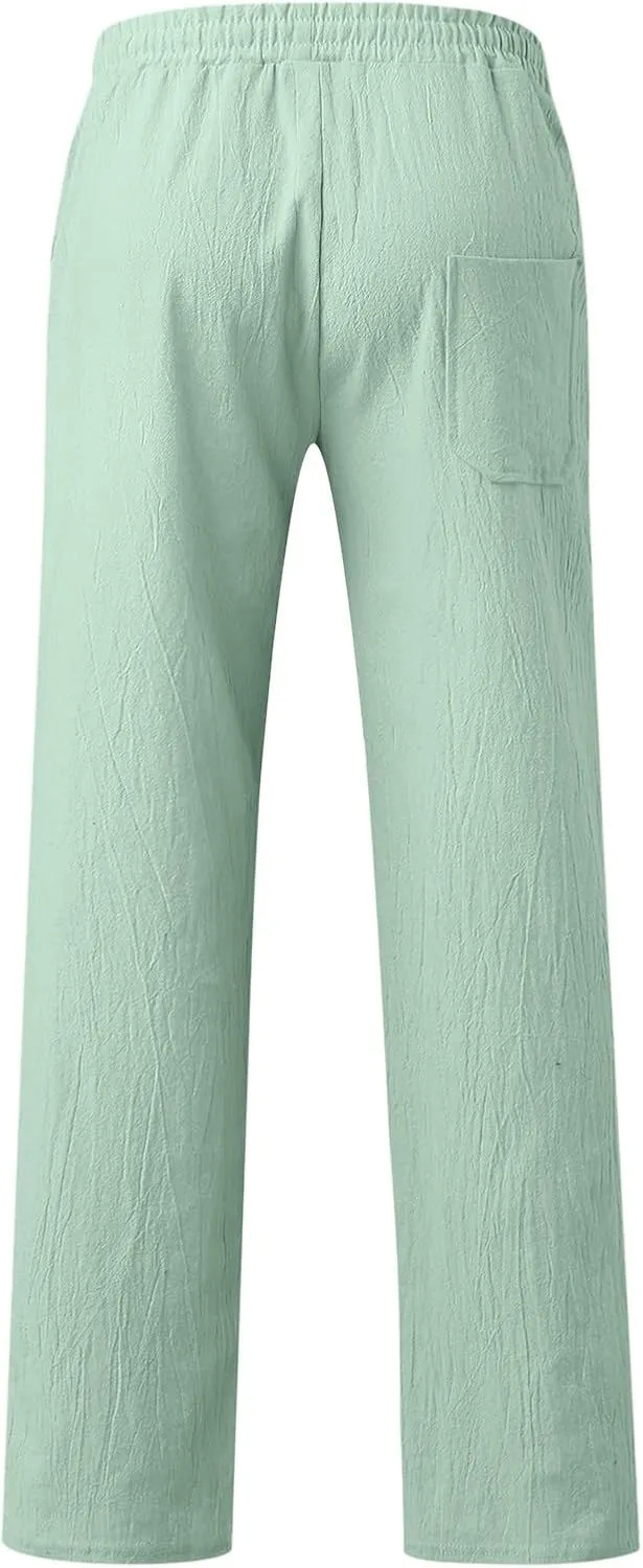 Mens Linen Beach Pants Lightweight Trousers Big and Tall Casual Lounge Drawstring Solid Color Pants with Pockets