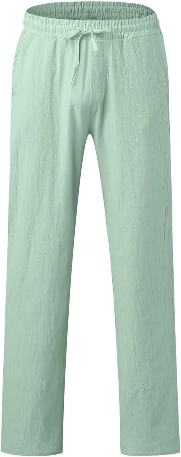 Mens Linen Beach Pants Lightweight Trousers Big and Tall Casual Lounge Drawstring Solid Color Pants with Pockets