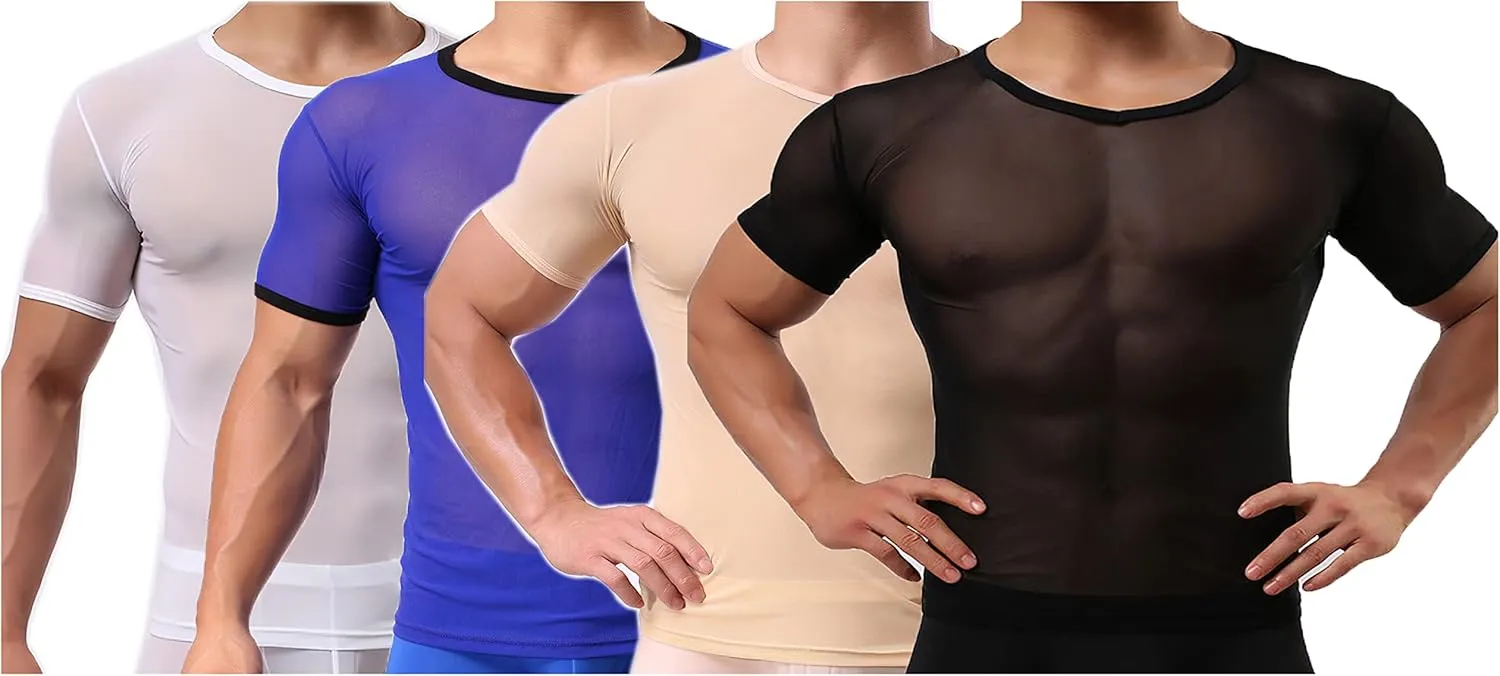 Men's Undershirts Sexy Mesh Shirt See Through T Shirts Workout Tees Top