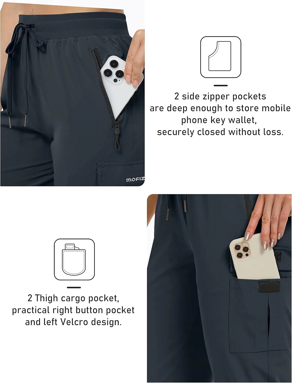 MoFiz Women's Capris Cargo Hiking Pants Lightweight Quick Dry Outdoor Athletic Running Sports Travel Summer Zipper Pockets