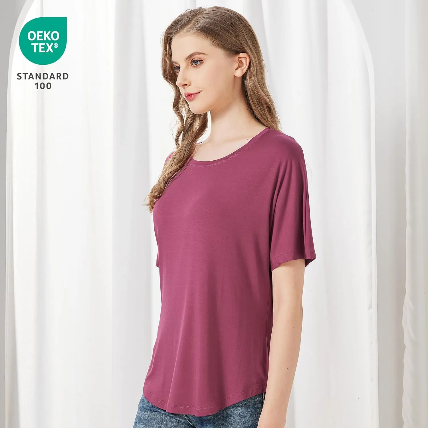 netdraw Women's Ultra Soft Bamboo Viscose Dolman Top Loose Fit Trendy Casual Lounge Short Sleeve Pajama Batwing T-Shirt