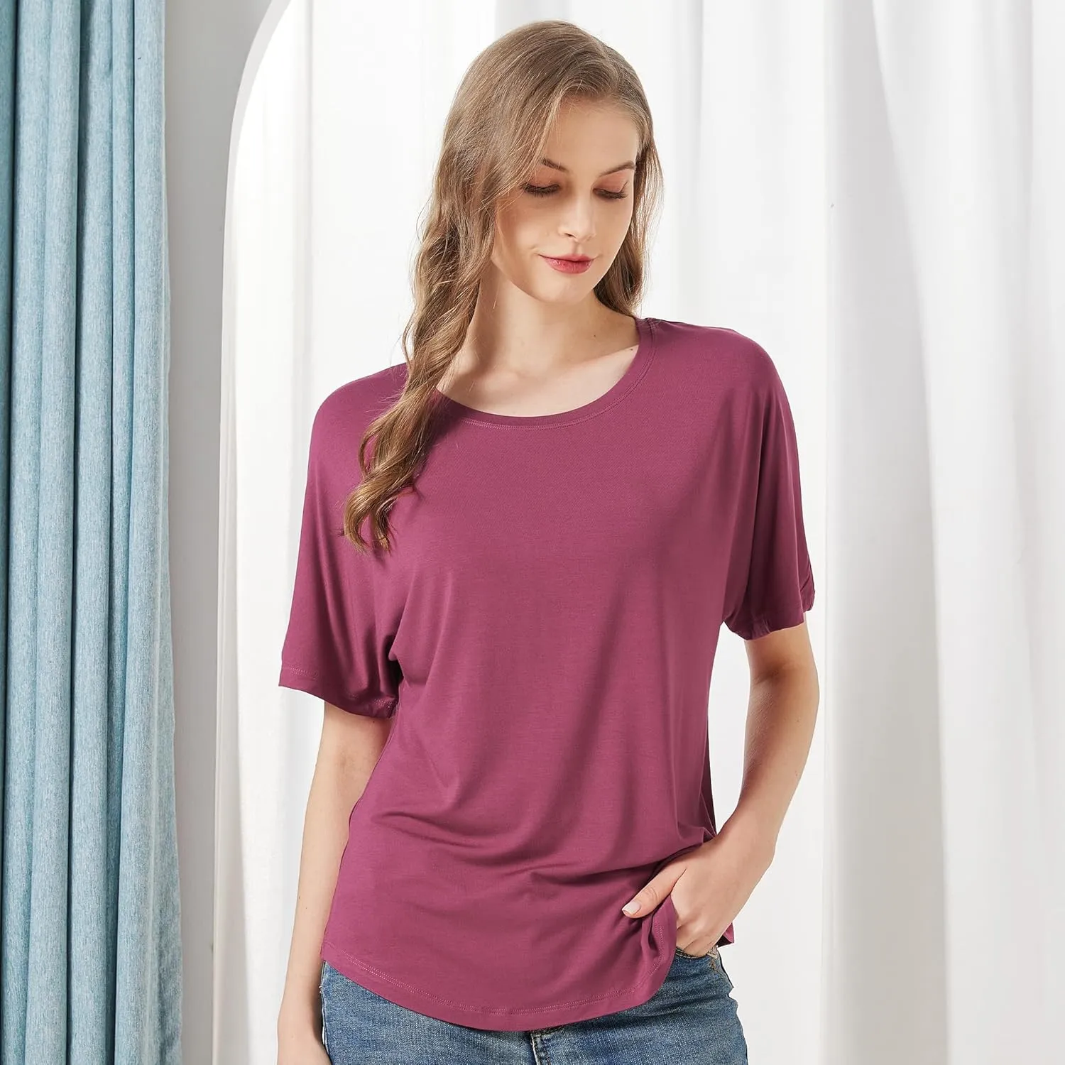netdraw Women's Ultra Soft Bamboo Viscose Dolman Top Loose Fit Trendy Casual Lounge Short Sleeve Pajama Batwing T-Shirt