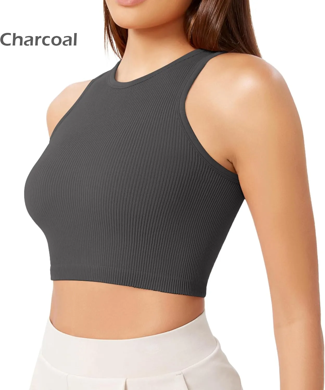 ODODOS 3-Pack Seamless Crop Tank for Women Ribbed Soft High Neck Cropped Tops