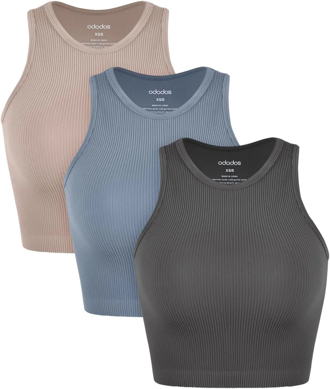 ODODOS 3-Pack Seamless Crop Tank for Women Ribbed Soft High Neck Cropped Tops