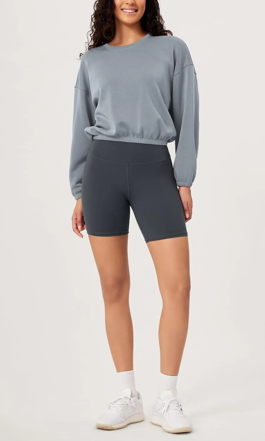 ODODOS Women's Modal Soft Gathered Cropped Sweatshirts Long Sleeve Elastic Hem Crew Neck Pullover Tops