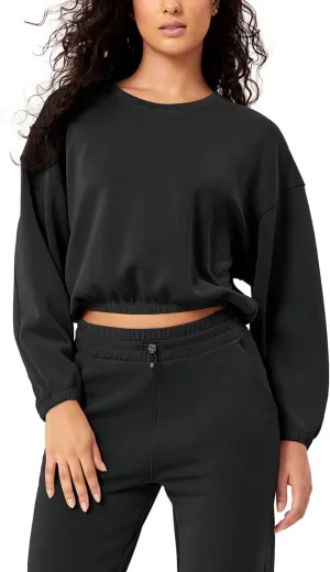 ODODOS Women's Modal Soft Gathered Cropped Sweatshirts Long Sleeve Elastic Hem Crew Neck Pullover Tops