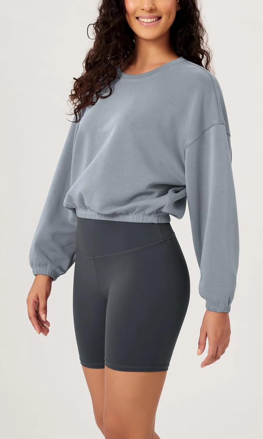 ODODOS Women's Modal Soft Gathered Cropped Sweatshirts Long Sleeve Elastic Hem Crew Neck Pullover Tops