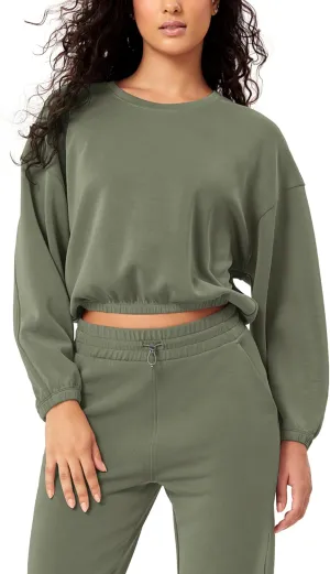 ODODOS Women's Modal Soft Gathered Cropped Sweatshirts Long Sleeve Elastic Hem Crew Neck Pullover Tops