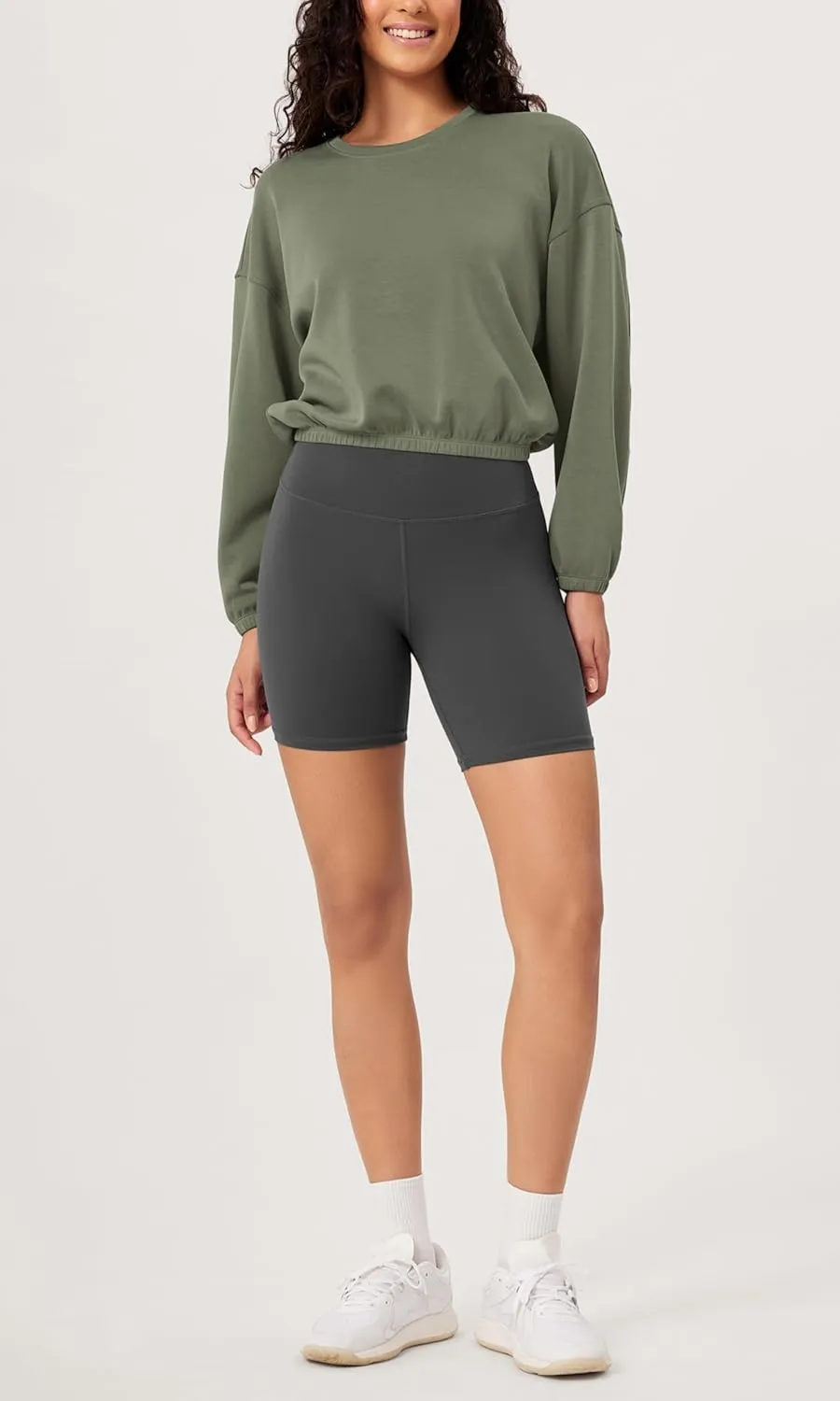 ODODOS Women's Modal Soft Gathered Cropped Sweatshirts Long Sleeve Elastic Hem Crew Neck Pullover Tops
