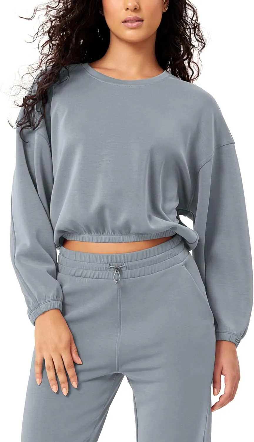 ODODOS Women's Modal Soft Gathered Cropped Sweatshirts Long Sleeve Elastic Hem Crew Neck Pullover Tops
