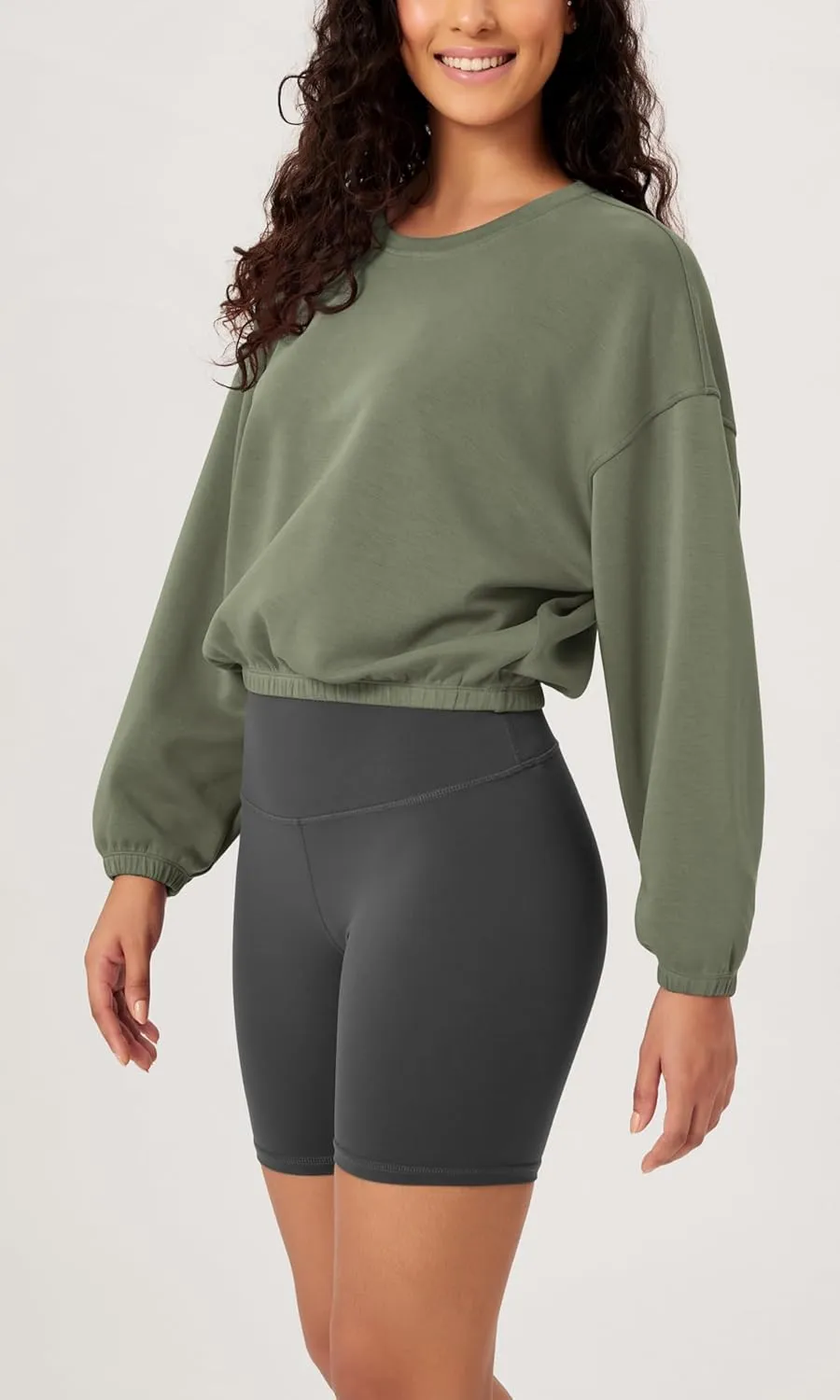 ODODOS Women's Modal Soft Gathered Cropped Sweatshirts Long Sleeve Elastic Hem Crew Neck Pullover Tops