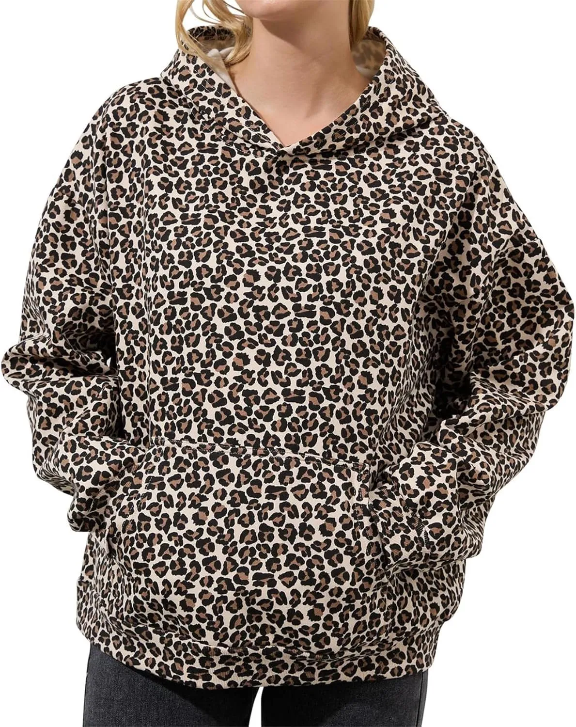 Oversized Leopard Print Hoodie for Women Men Long Sleeve Hooded Sweatshirts Cute Pullover with Pocket