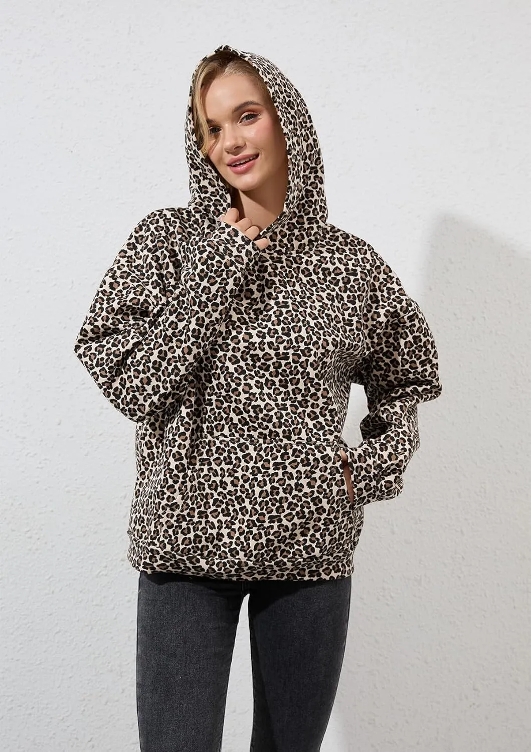 Oversized Leopard Print Hoodie for Women Men Long Sleeve Hooded Sweatshirts Cute Pullover with Pocket