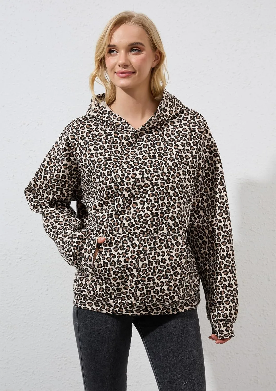 Oversized Leopard Print Hoodie for Women Men Long Sleeve Hooded Sweatshirts Cute Pullover with Pocket