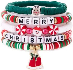 Pingyongchang Christmas Thanksgiving Stackable Beaded Holiday Bracelets Set for Women Elastic Layering Colorful Heishi Vinyl Disc Clay Stretch Bohemian Festive Favors Decor Birthday Gifts