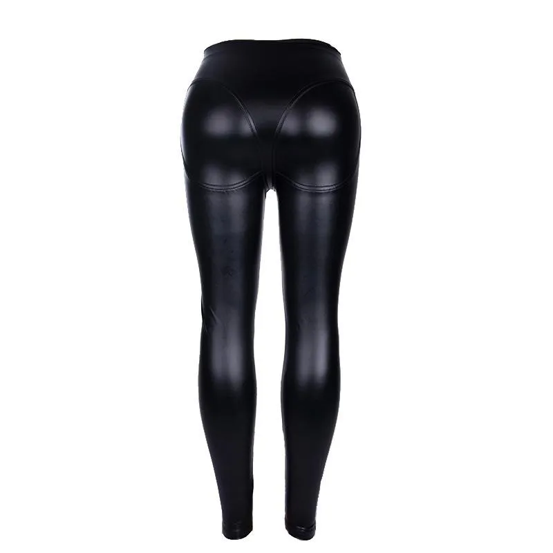 PU Solid Black Color Zipper Women Skinny Legging