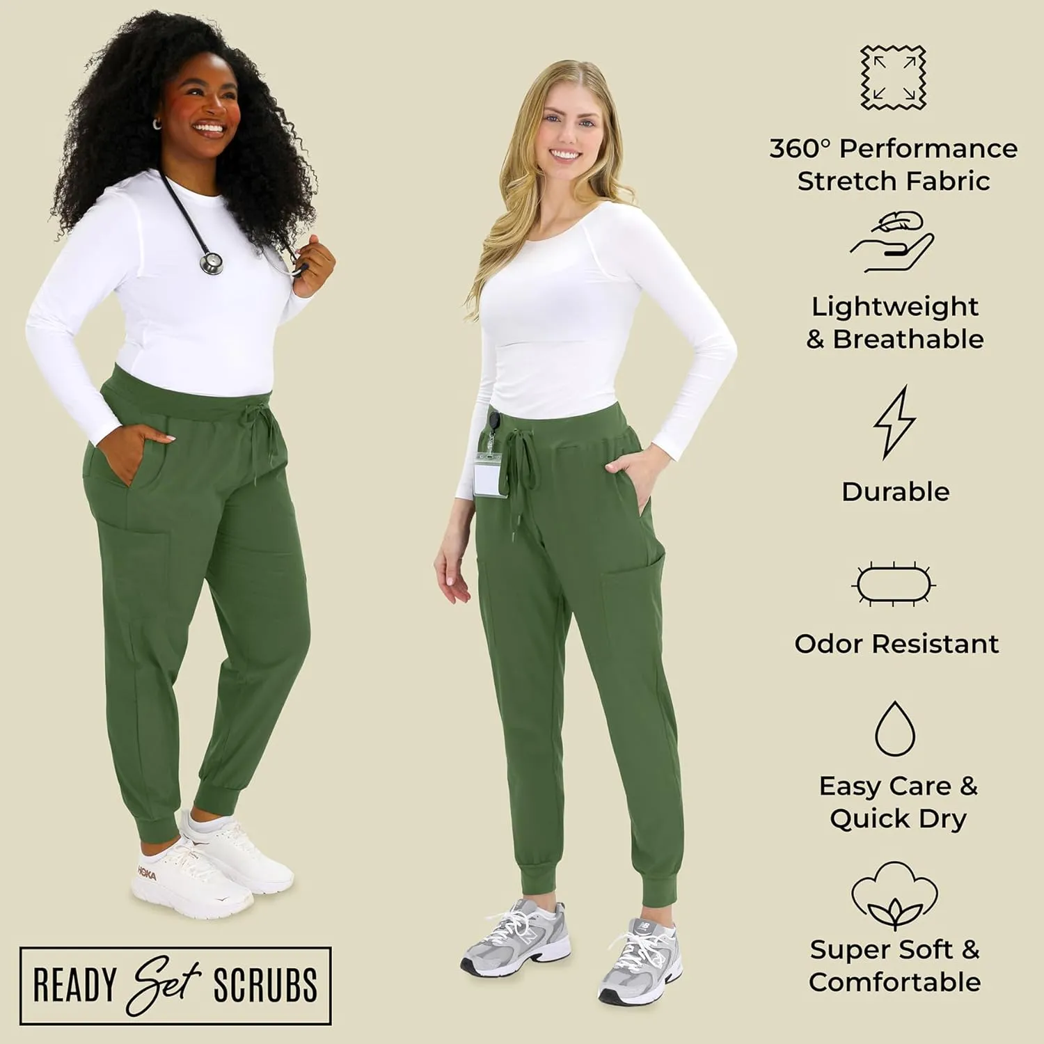 READY SET SCRUBS - Scrub Pants for Women - 2 Pack - Cargo Jogger Pants Set with 8 Pockets - Yoga Waistband - Soft & Stretchy