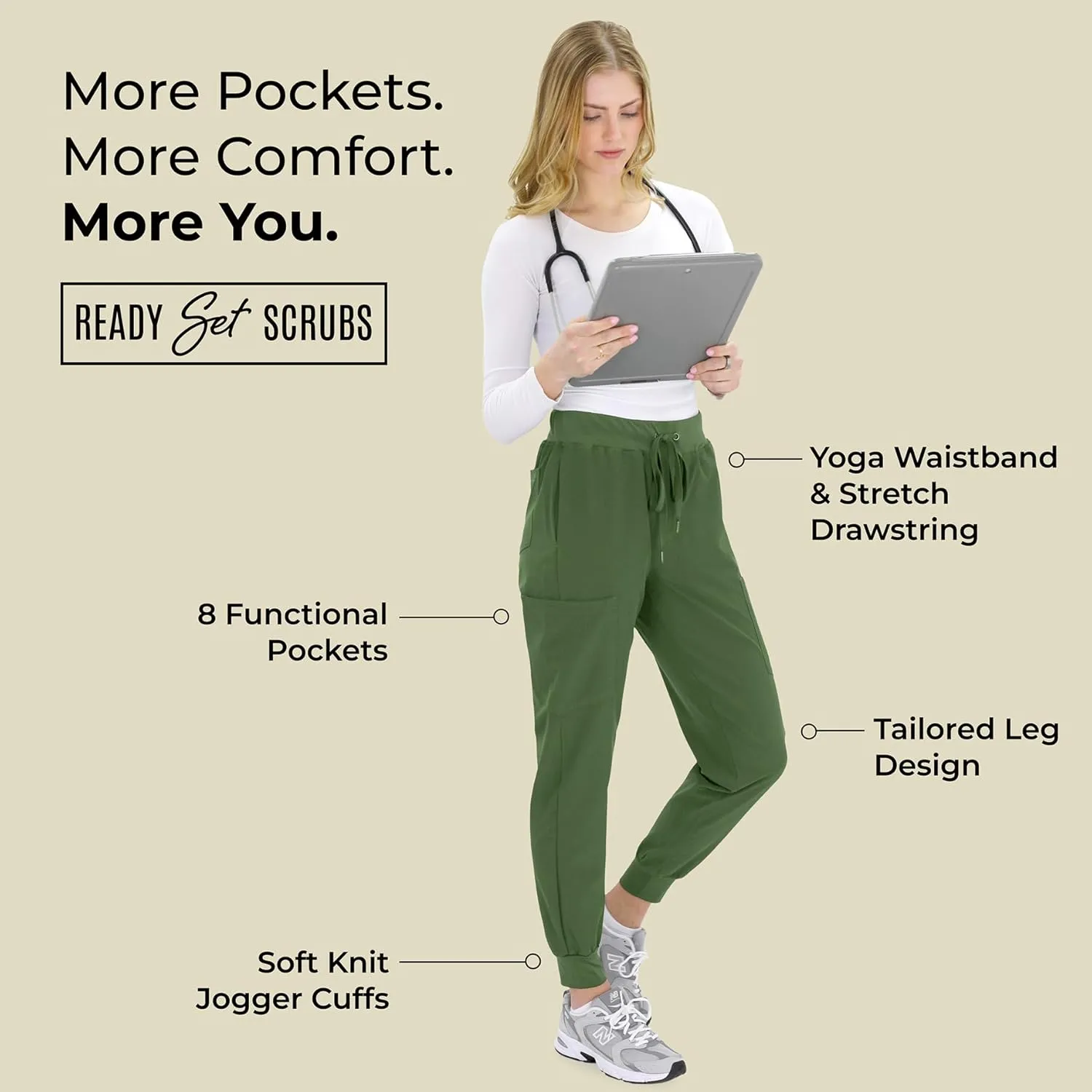 READY SET SCRUBS - Scrub Pants for Women - 2 Pack - Cargo Jogger Pants Set with 8 Pockets - Yoga Waistband - Soft & Stretchy