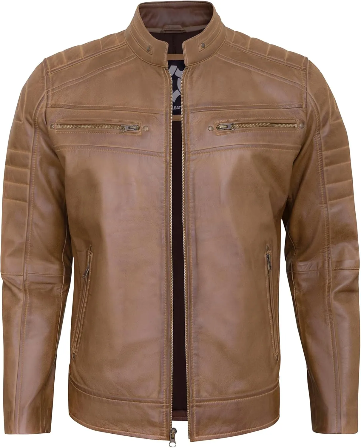 Real Lambskin Mens Leather Jackets - Quilted Biker Style Stand Collar Zip-Up Fashion Motorcycle Jacket Men
