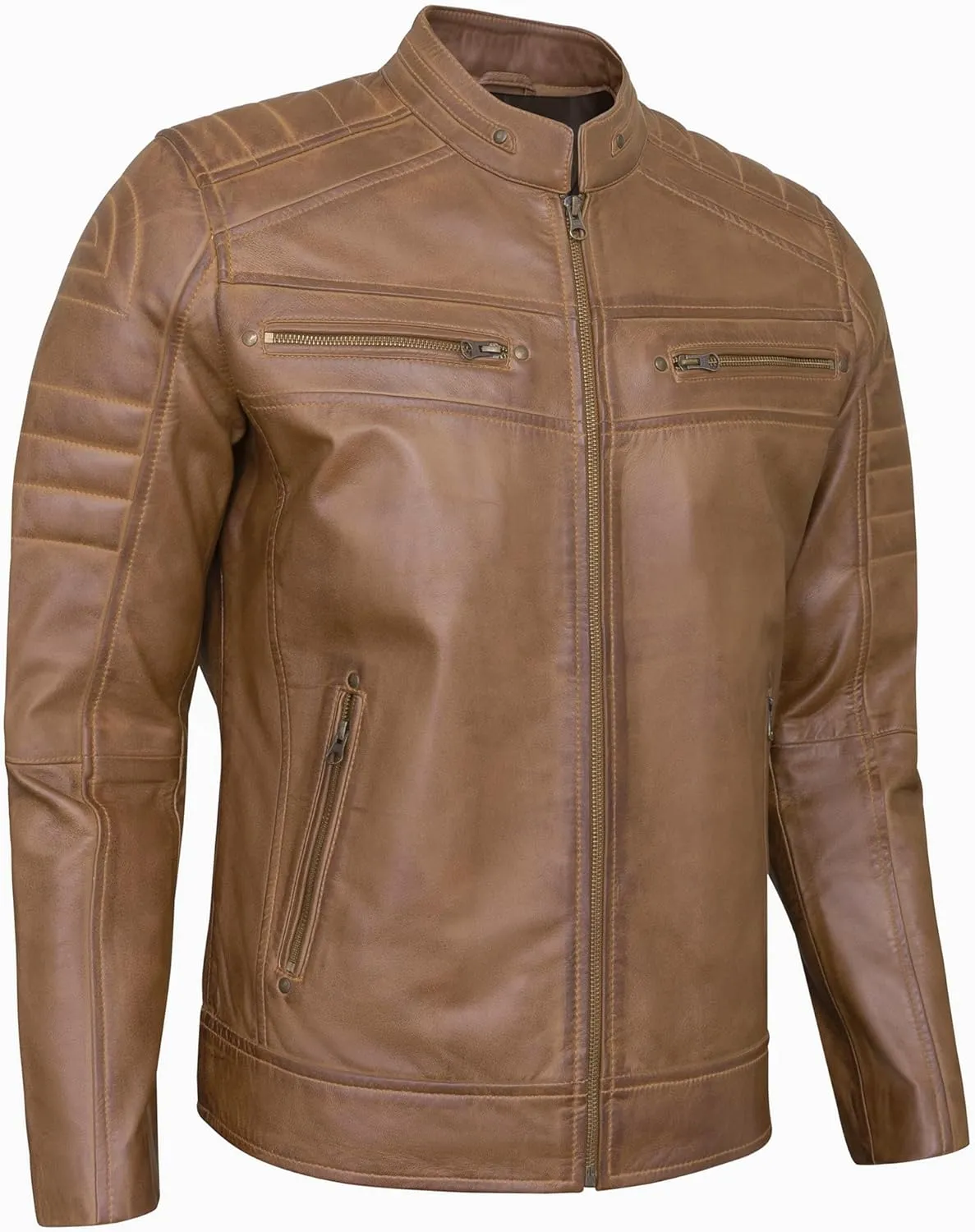 Real Lambskin Mens Leather Jackets - Quilted Biker Style Stand Collar Zip-Up Fashion Motorcycle Jacket Men