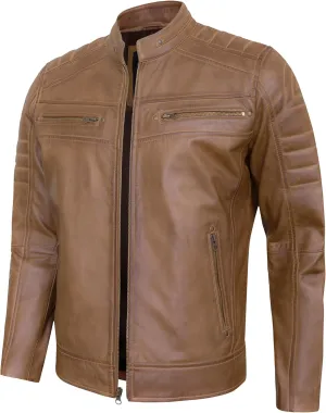 Real Lambskin Mens Leather Jackets - Quilted Biker Style Stand Collar Zip-Up Fashion Motorcycle Jacket Men