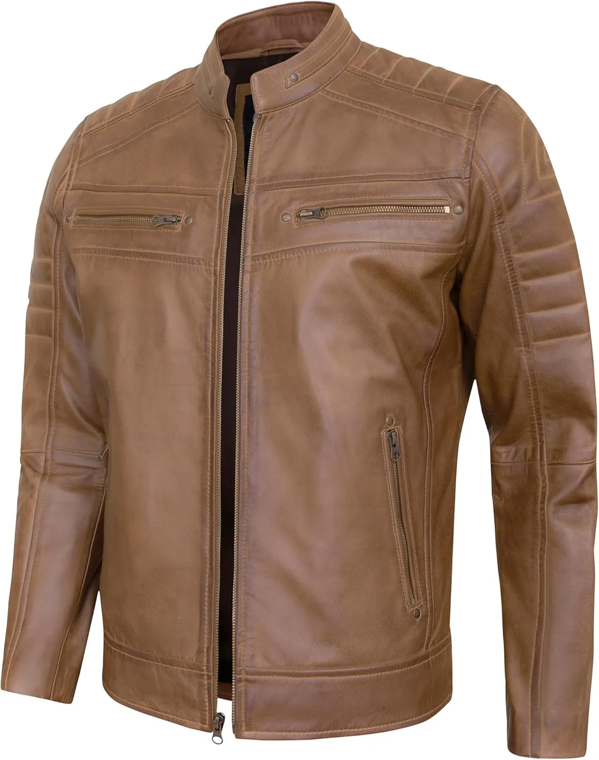 Real Lambskin Mens Leather Jackets - Quilted Biker Style Stand Collar Zip-Up Fashion Motorcycle Jacket Men