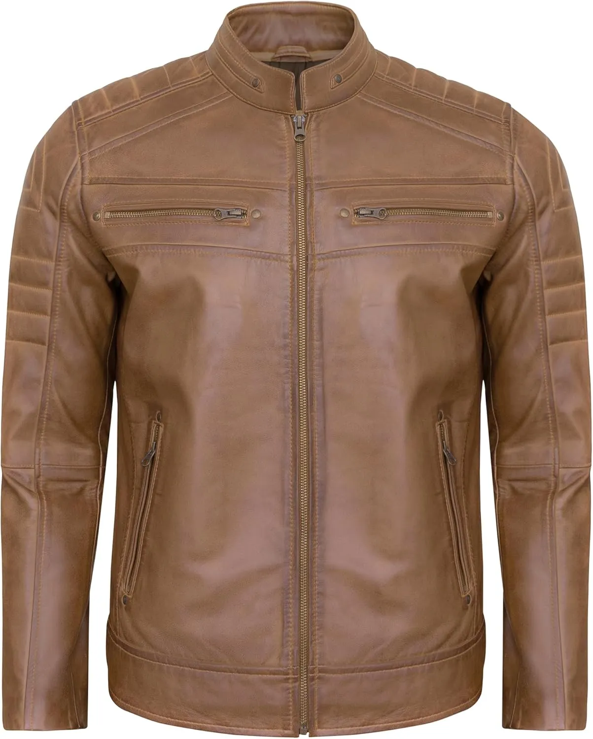 Real Lambskin Mens Leather Jackets - Quilted Biker Style Stand Collar Zip-Up Fashion Motorcycle Jacket Men