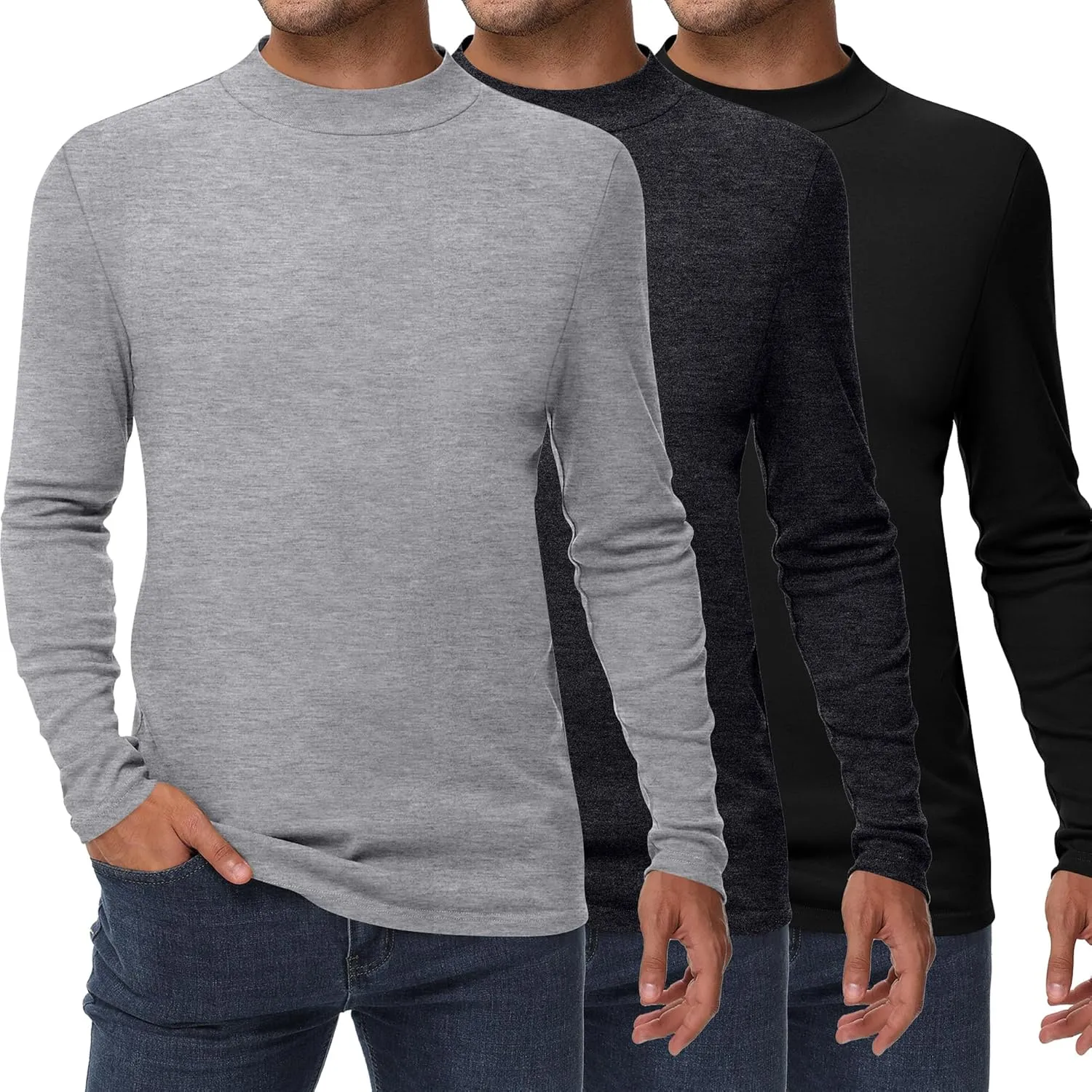 Riyiper 3 Pack Men's Mock Neck Shirts, Long Sleeve Slim Fit Turtleneck Tops Lightweight Basic Pullover Casual Knit Sweaters