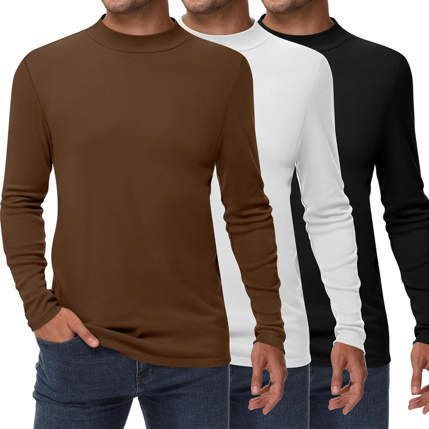 Riyiper 3 Pack Men's Mock Neck Shirts, Long Sleeve Slim Fit Turtleneck Tops Lightweight Basic Pullover Casual Knit Sweaters
