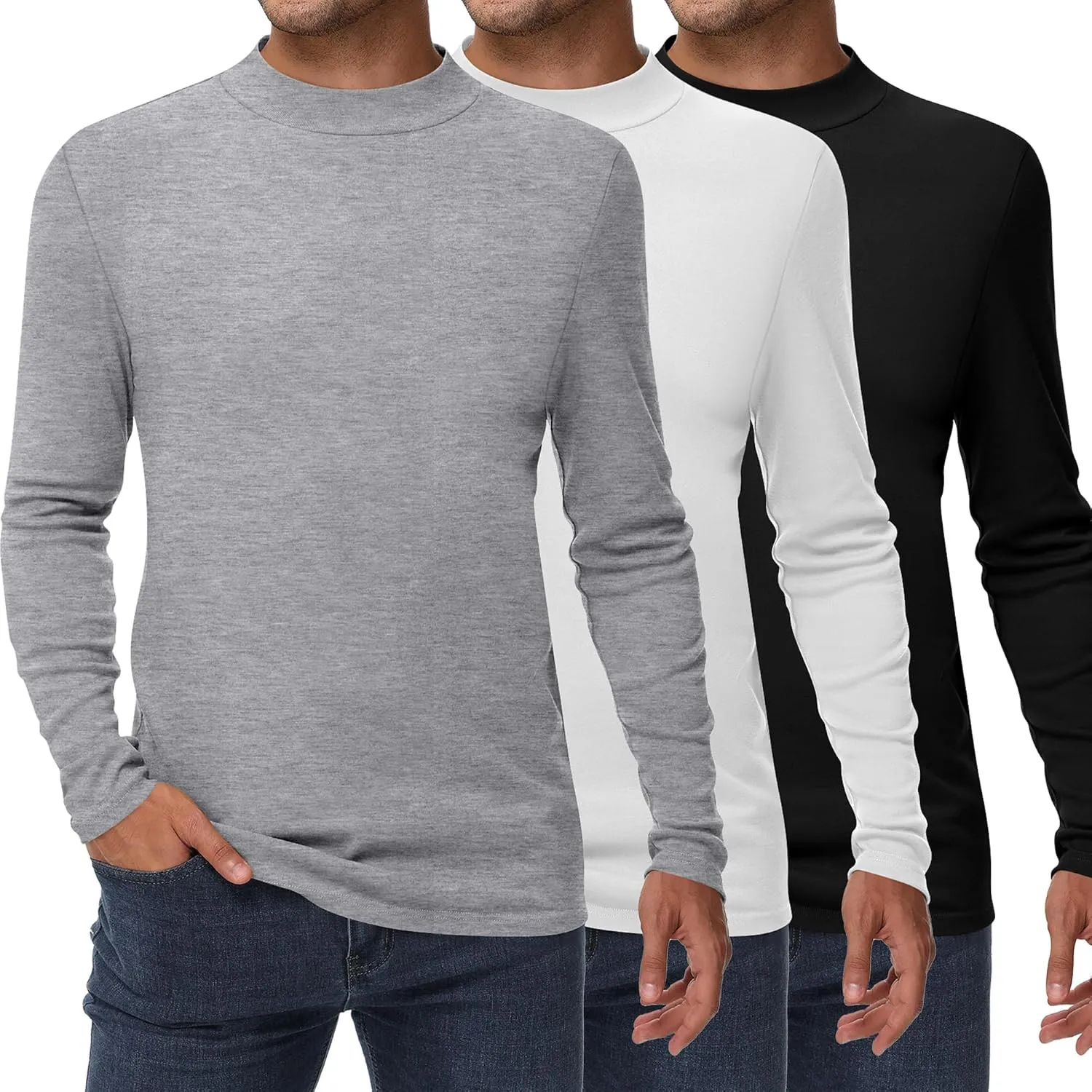 Riyiper 3 Pack Men's Mock Neck Shirts, Long Sleeve Slim Fit Turtleneck Tops Lightweight Basic Pullover Casual Knit Sweaters