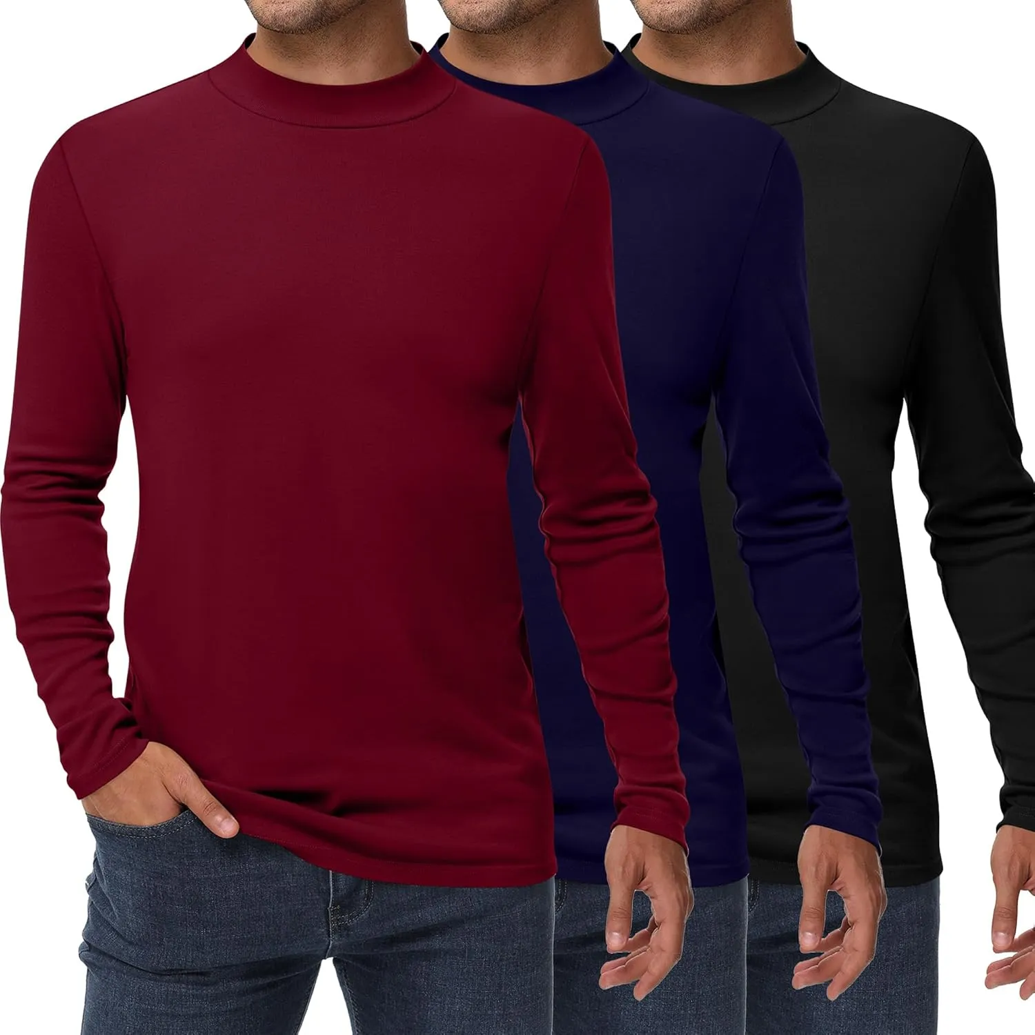 Riyiper 3 Pack Men's Mock Neck Shirts, Long Sleeve Slim Fit Turtleneck Tops Lightweight Basic Pullover Casual Knit Sweaters