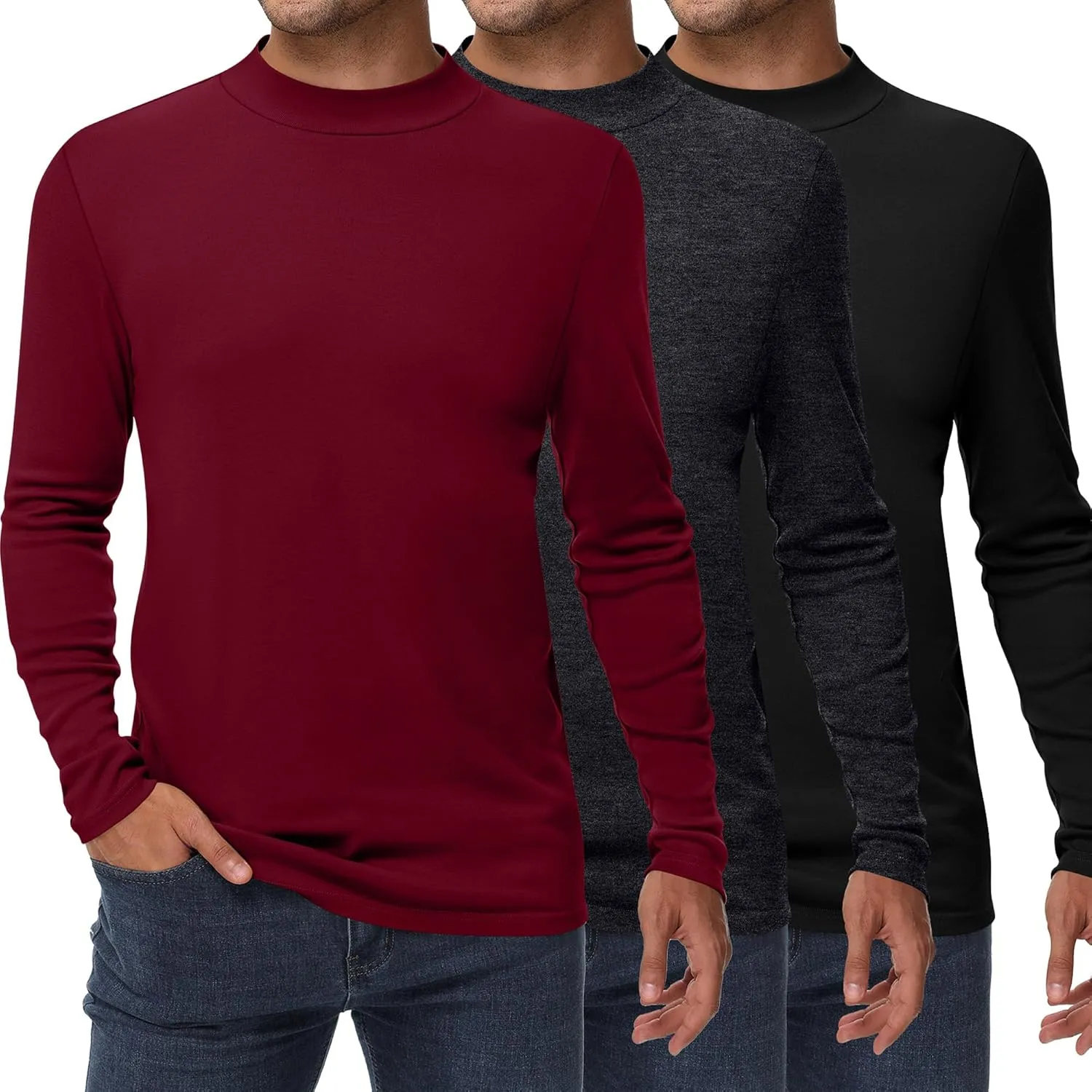 Riyiper 3 Pack Men's Mock Neck Shirts, Long Sleeve Slim Fit Turtleneck Tops Lightweight Basic Pullover Casual Knit Sweaters