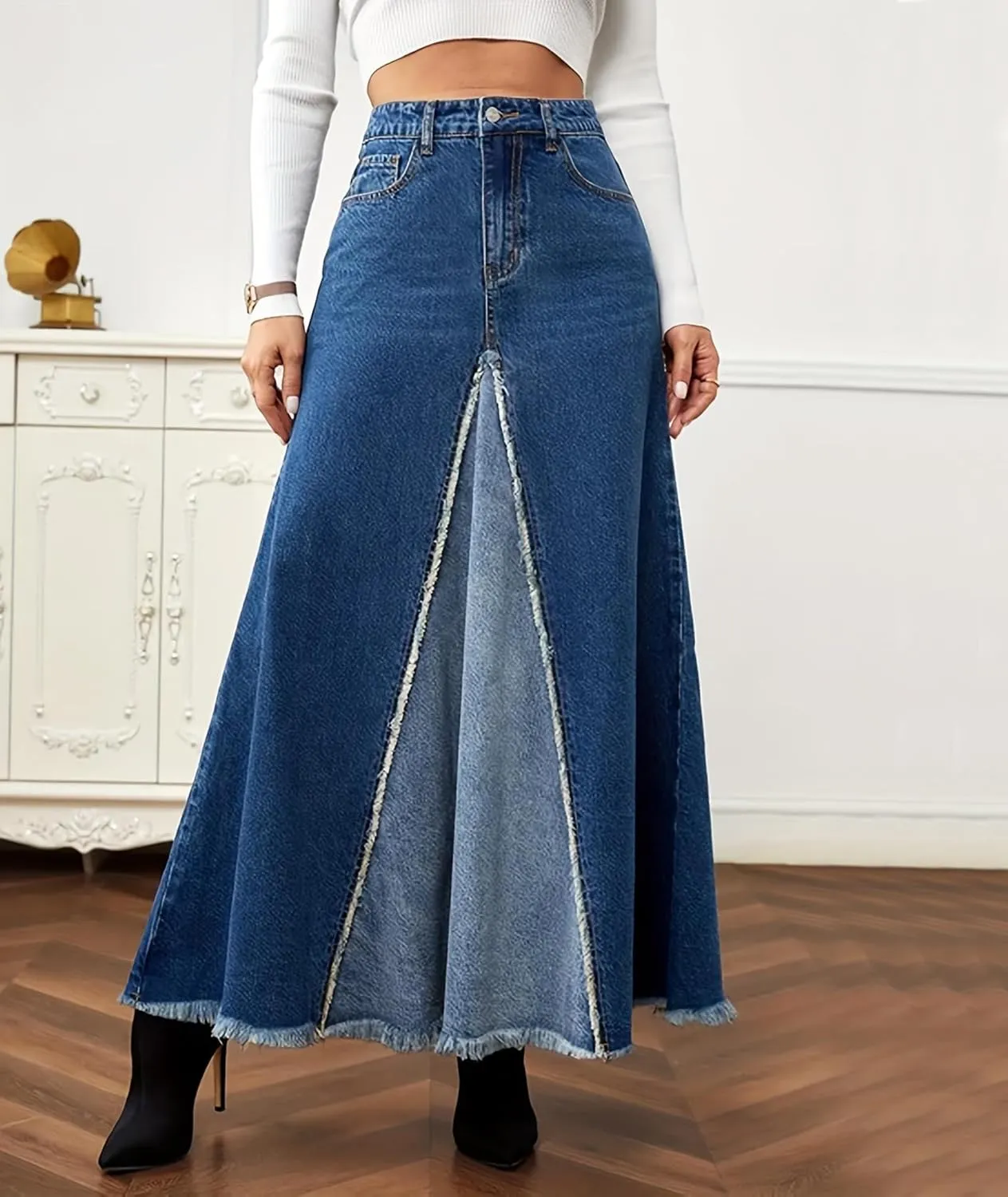 SEMATOMALA Women's Circle Fringe Maxi Denim Skirt Patchwork High Waisted Frayed Hem A Line Swing Long Jean Skirts