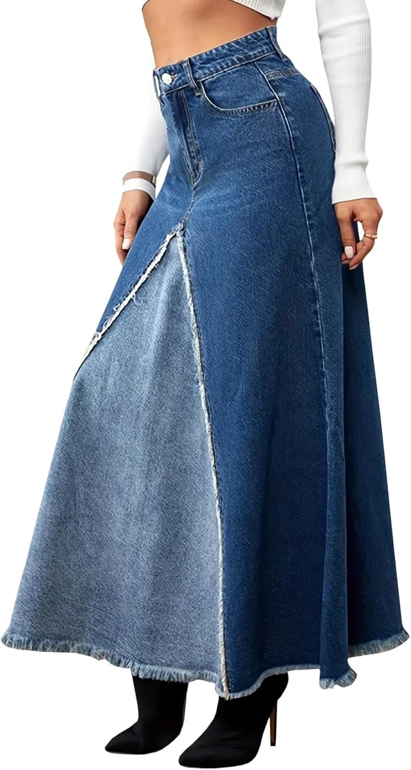 SEMATOMALA Women's Circle Fringe Maxi Denim Skirt Patchwork High Waisted Frayed Hem A Line Swing Long Jean Skirts