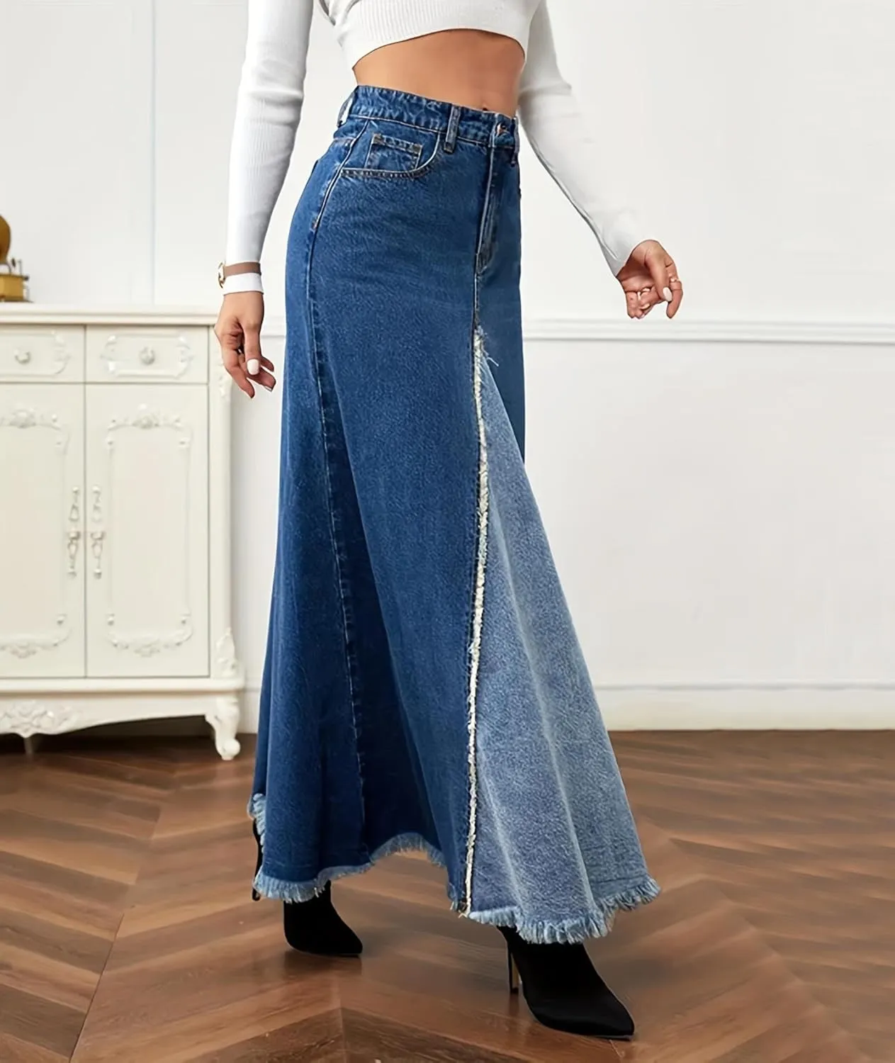 SEMATOMALA Women's Circle Fringe Maxi Denim Skirt Patchwork High Waisted Frayed Hem A Line Swing Long Jean Skirts