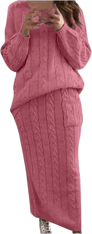 Skirt Sets Women 2 Piece Outfits Winter Chunky Cable Knit Long Sleeve Pullover Sweater and Bodycon Maxi Skirts Set