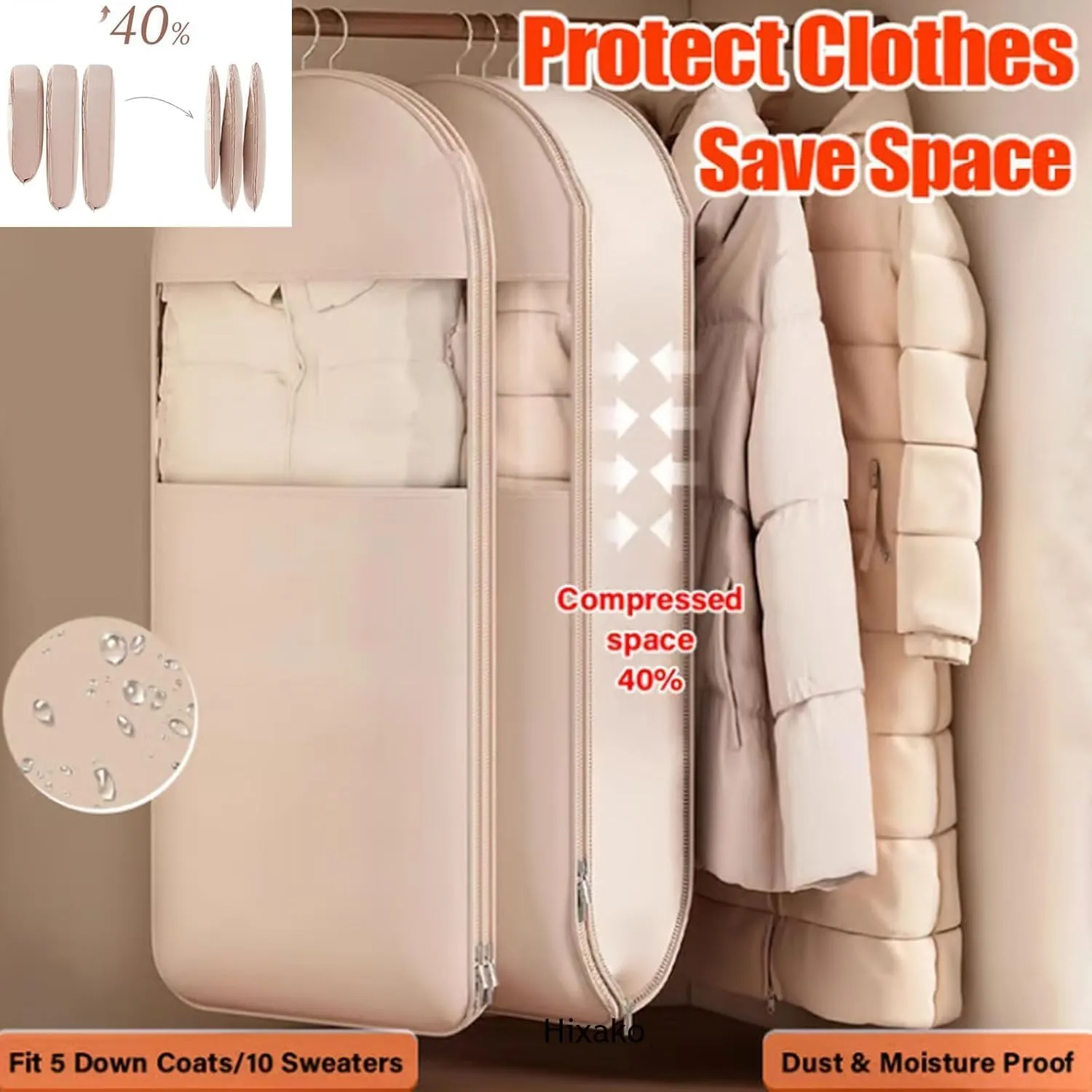 Space Saving Hanging Garment Bag with Self Compression Zipper, Dust Cover Clothes Bags for Down Coat, Winter Coat Storage, Space Saver Closet Organizers (Pink,3*Mix)