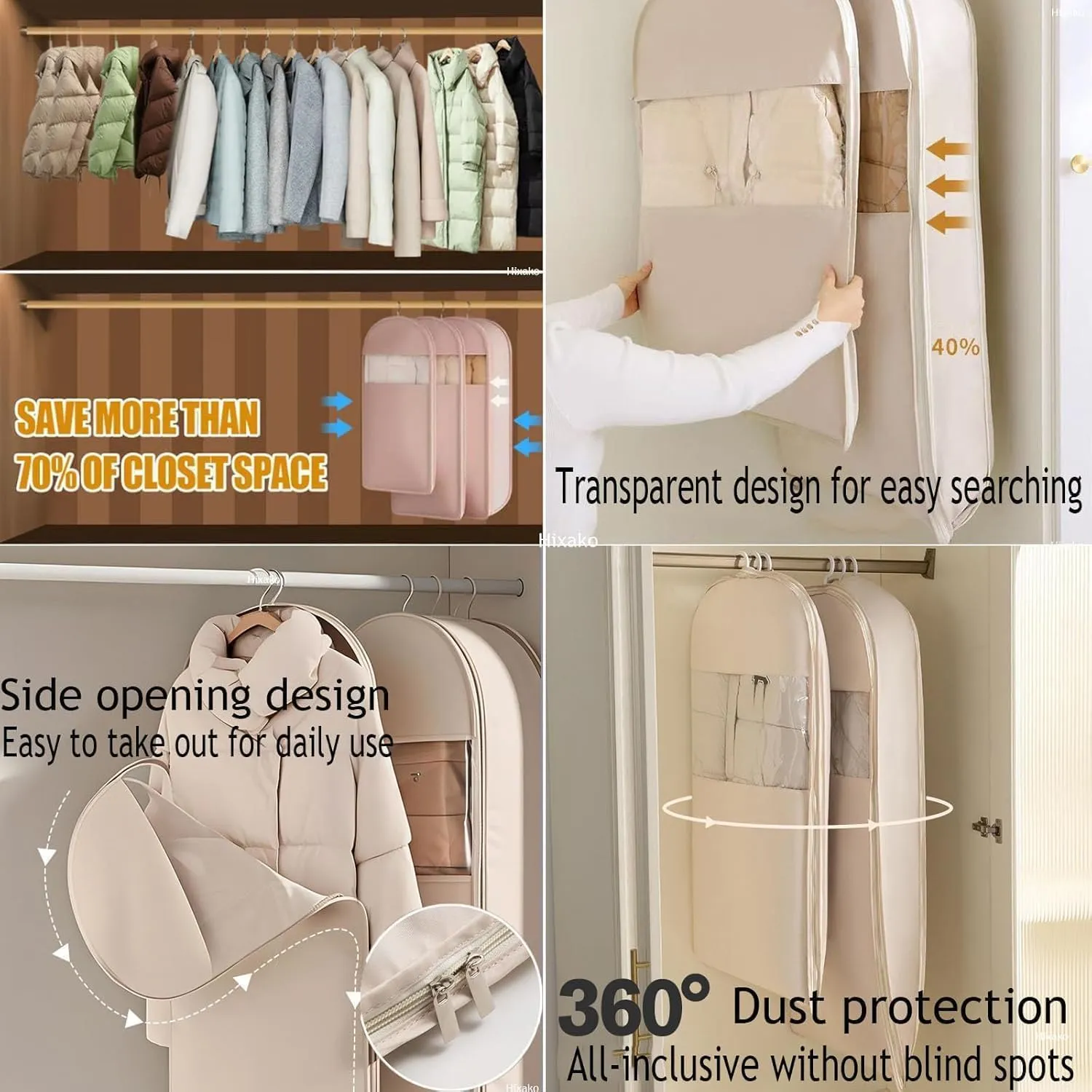 Space Saving Hanging Garment Bag with Self Compression Zipper, Dust Cover Clothes Bags for Down Coat, Winter Coat Storage, Space Saver Closet Organizers (Pink,3*Mix)
