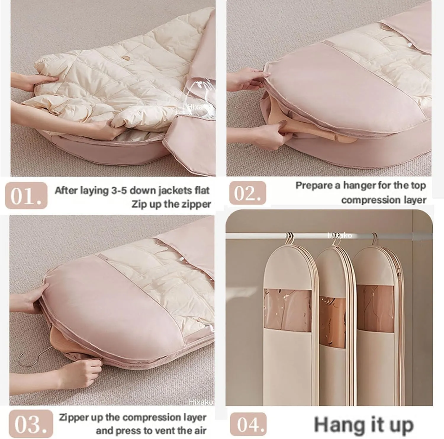 Space Saving Hanging Garment Bag with Self Compression Zipper, Dust Cover Clothes Bags for Down Coat, Winter Coat Storage, Space Saver Closet Organizers (Pink,3*Mix)